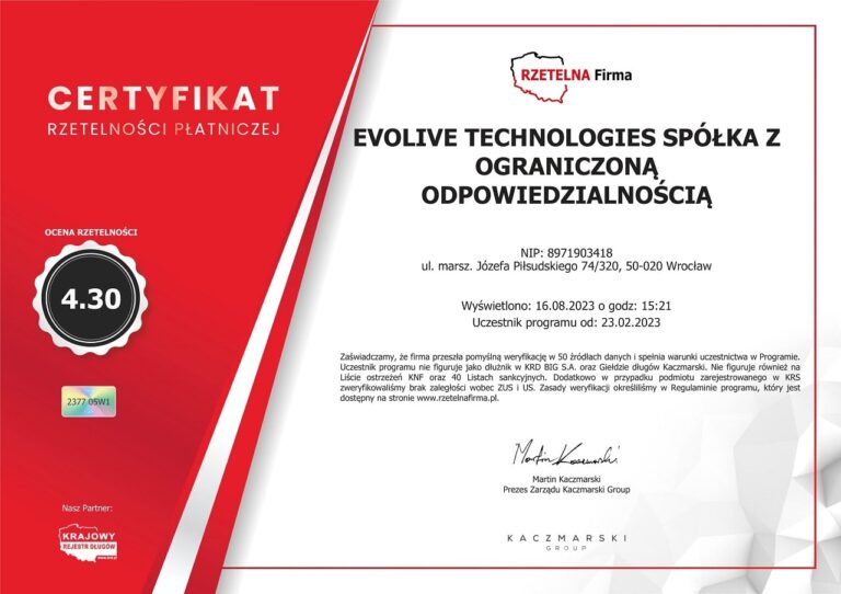 certyfikat rzetelnosci evolive technologies sp. z o.o.