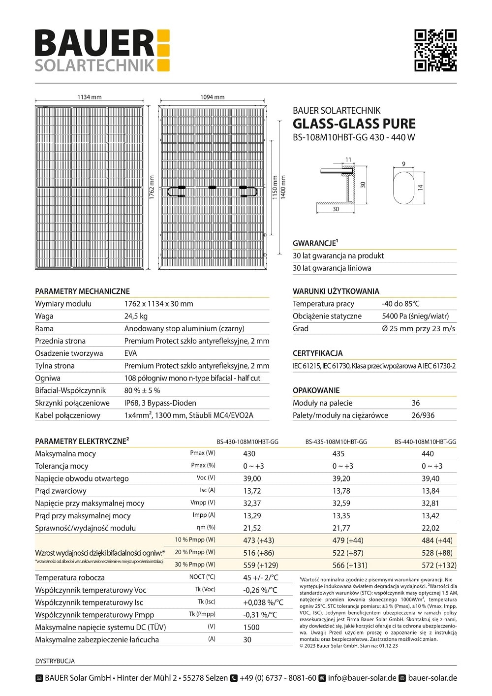panele fotowoltaiczne bauer 435w, model bs 435 108m10hbt gg