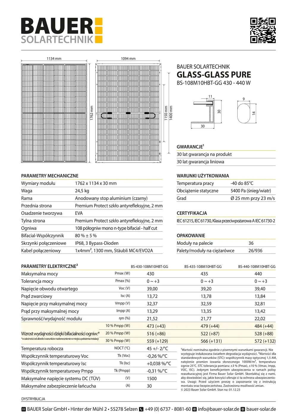 panele fotowoltaiczne bauer 435w, model bs 435 108m10hbt gg