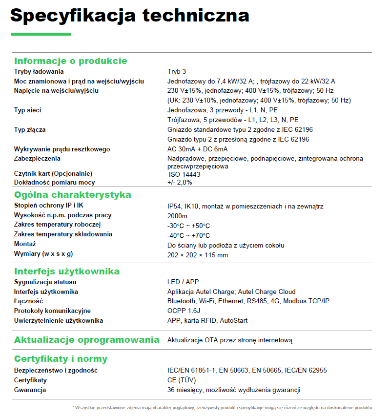 Stacja ładowania Autel AC COMPACT 22kW Socket Dark Grey Specyfikacja Autel